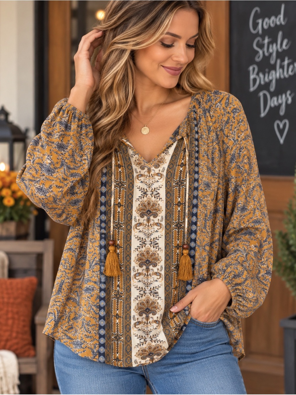 Mason & Belle XL Boho Paisley Tassel Tie Long Sleeve Blouse Top